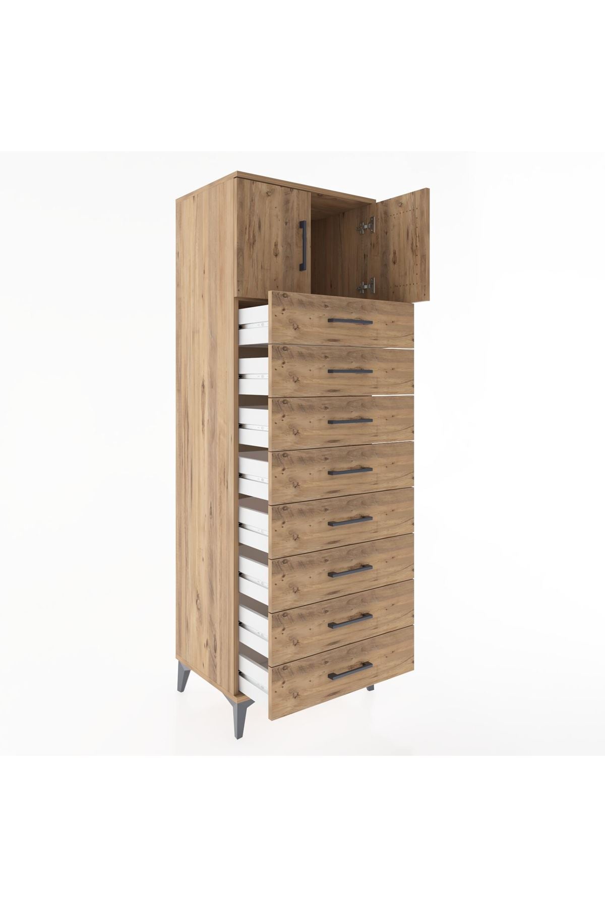 Hyperion Dolap Tek Raflı 8 Çekmeceli 2 Kapaklı 60x44x182 Çam-Çam