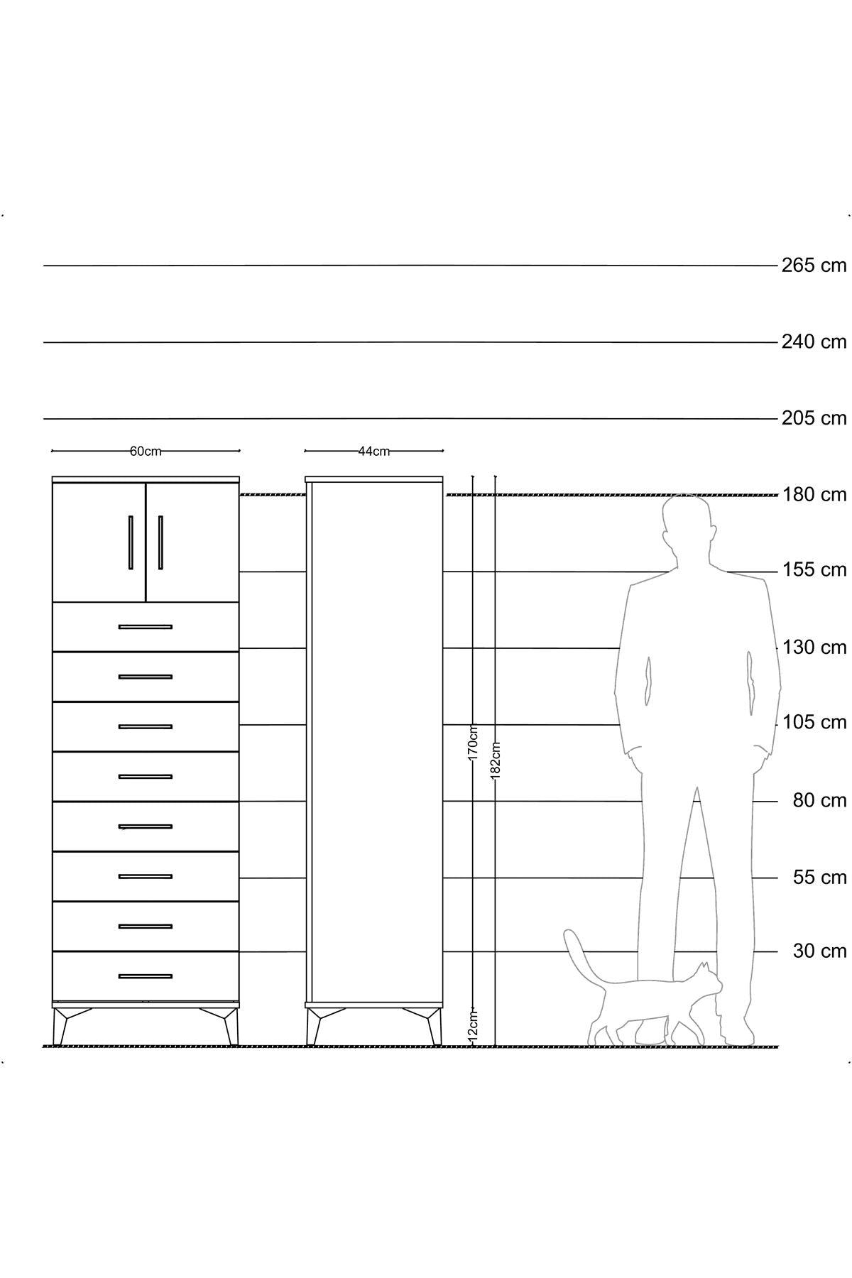 Hyperion Dolap Tek Raflı 8 Çekmeceli 2 Kapaklı 60x44x182 Çam-Çam