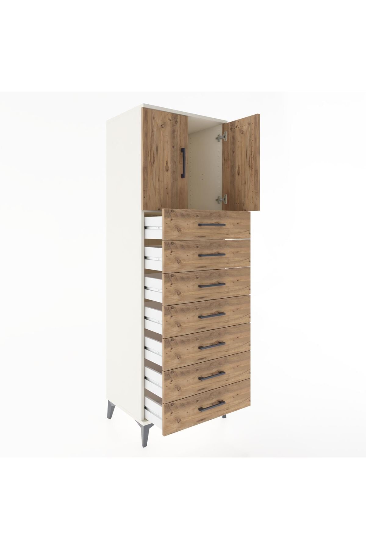 Hyperion Dolap Tek Raflı 7 Çekmeceli 2 Kapaklı 60x44x182 Aytaşı-Çam