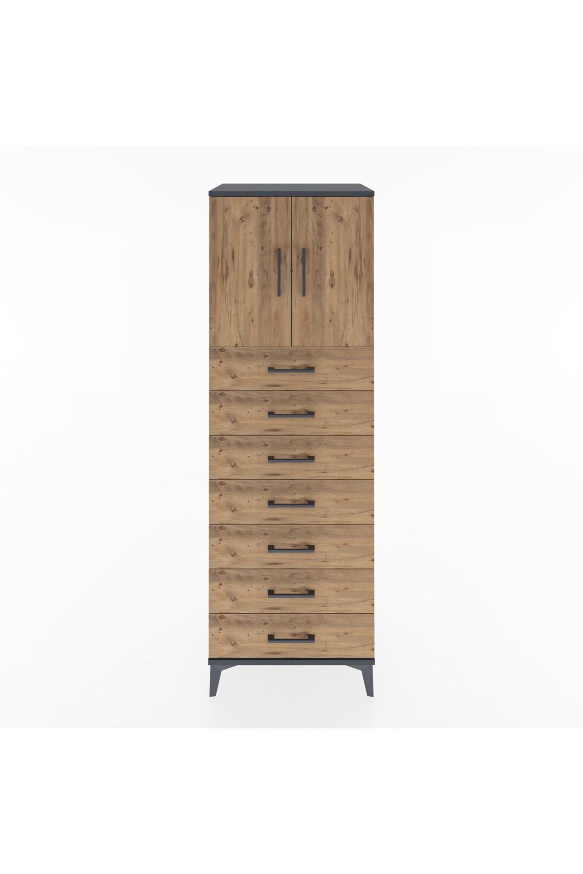 Hyperion Dolap Tek Raflı 7 Çekmeceli 2 Kapaklı 60x44x182 Antrasit-Çam
