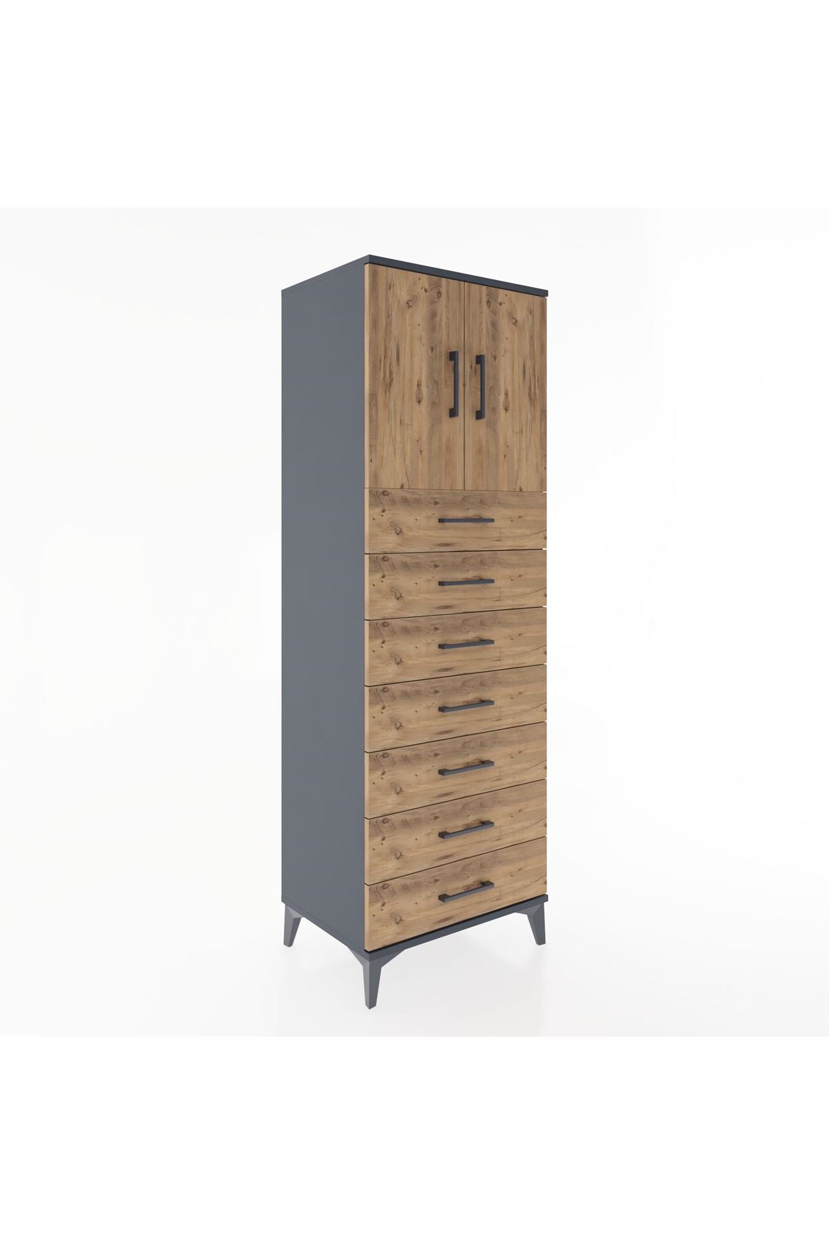 Hyperion Dolap Tek Raflı 7 Çekmeceli 2 Kapaklı 60x44x182 Antrasit-Çam