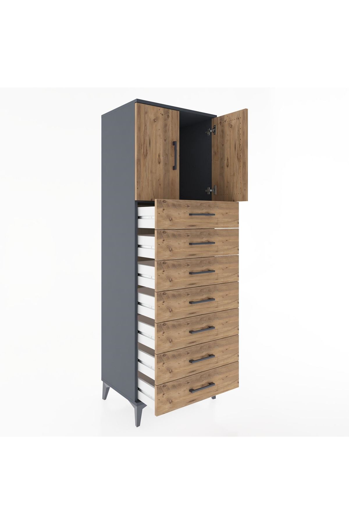 Hyperion Dolap Tek Raflı 7 Çekmeceli 2 Kapaklı 60x44x182 Antrasit-Çam