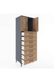 Hyperion Dolap Tek Raflı 7 Çekmeceli 2 Kapaklı 60x44x182 Antrasit-Çam