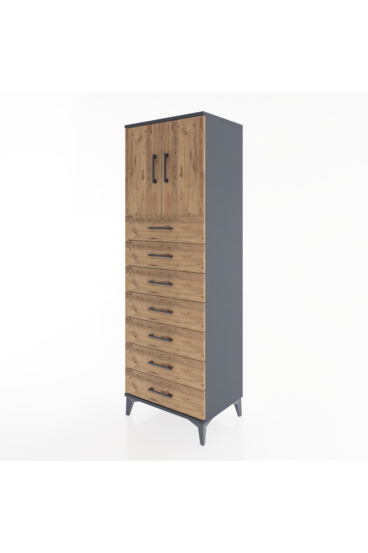 Hyperion Dolap Tek Raflı 7 Çekmeceli 2 Kapaklı 60x44x182 Antrasit-Çam