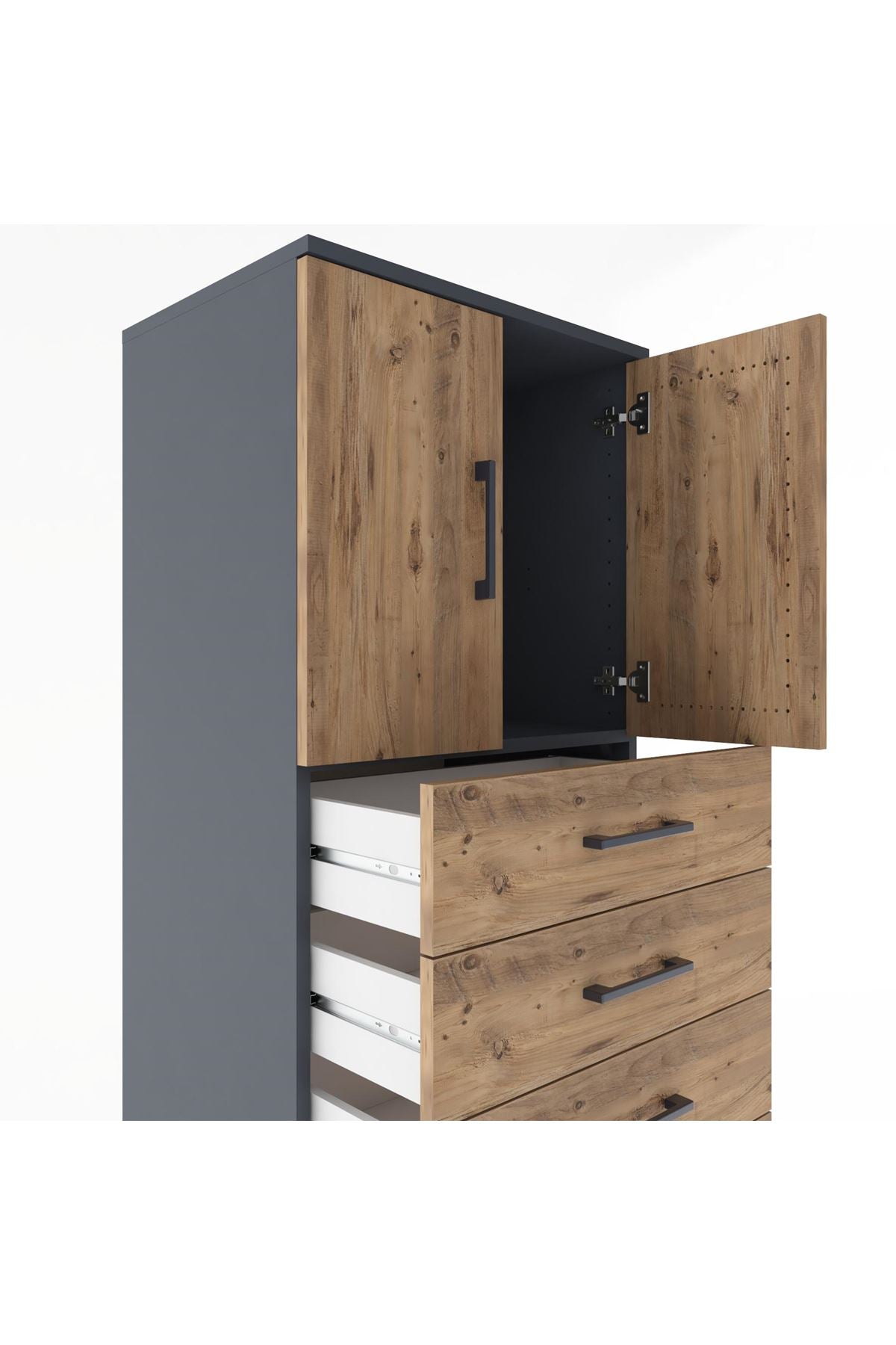 Hyperion Dolap Tek Raflı 7 Çekmeceli 2 Kapaklı 60x44x182 Antrasit-Çam