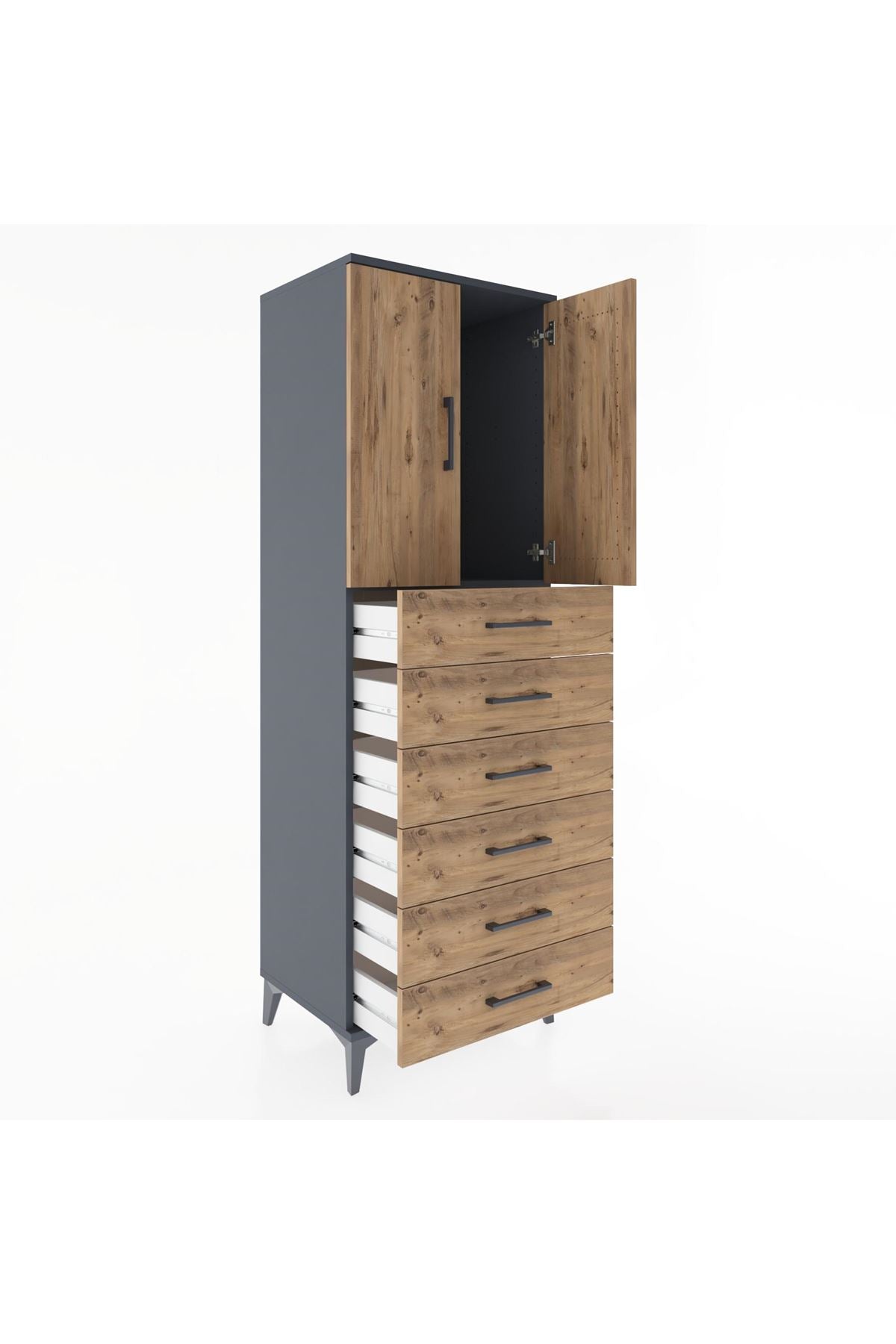 Hyperion Dolap Tek Raflı 6 Çekmeceli 2 Kapaklı 60x44x182 Antrasit-Çam