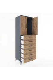 Hyperion Dolap Tek Raflı 6 Çekmeceli 2 Kapaklı 60x44x182 Antrasit-Çam
