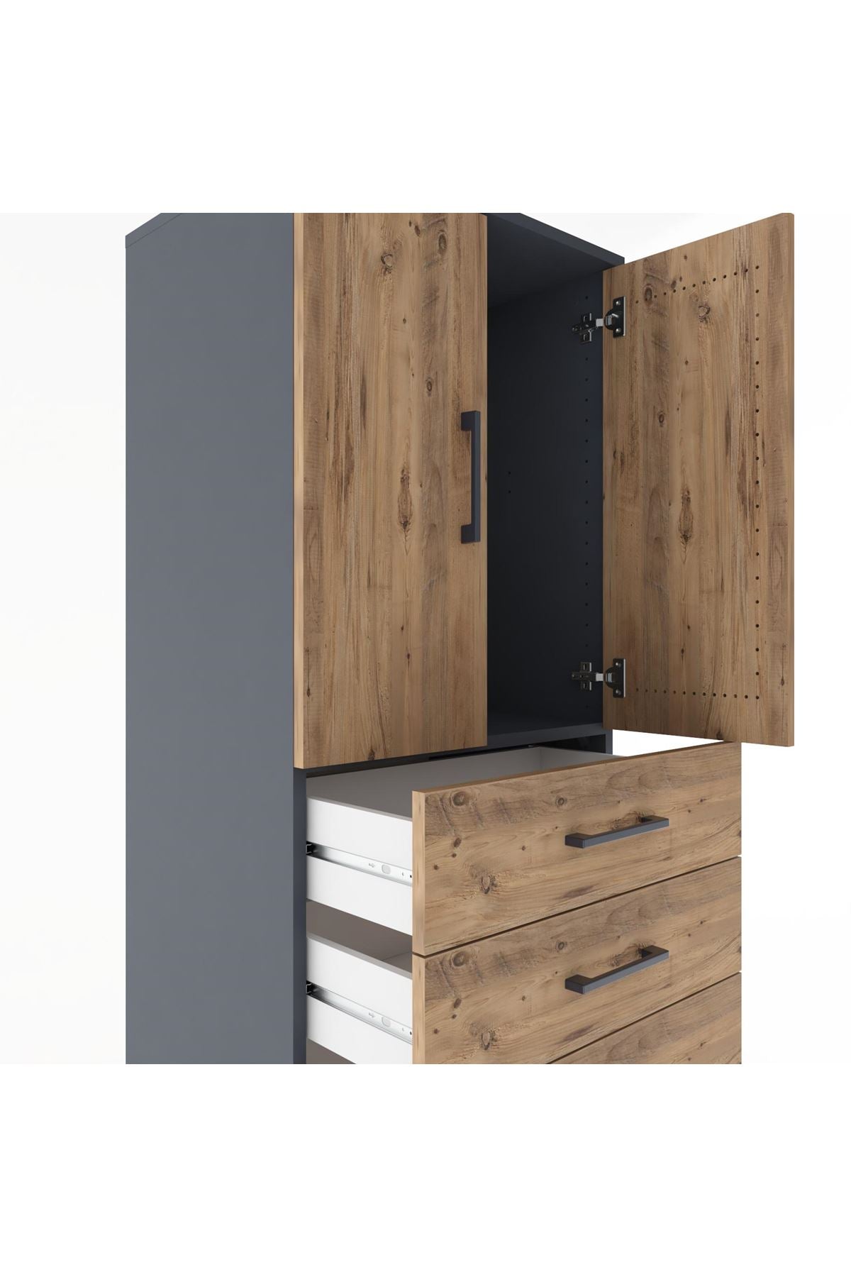 Hyperion Dolap Tek Raflı 6 Çekmeceli 2 Kapaklı 60x44x182 Antrasit-Çam