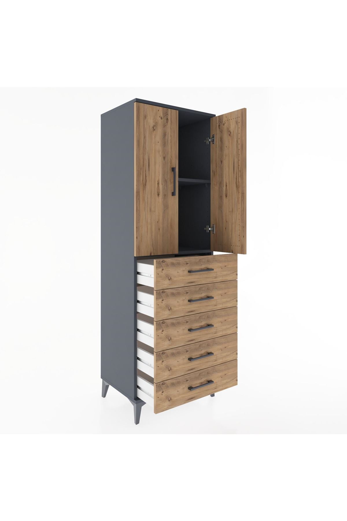 Hyperion Dolap 2 Raflı 5 Çekmeceli 2 Kapaklı 60x44x182 Antrasit-Çam