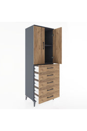 Hyperion Dolap 2 Raflı 5 Çekmeceli 2 Kapaklı 60x44x182 Antrasit-Çam