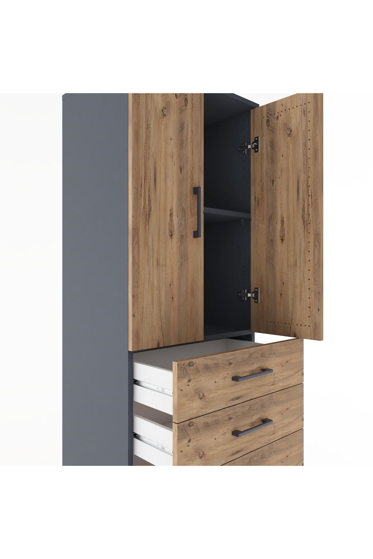 Hyperion Dolap 2 Raflı 5 Çekmeceli 2 Kapaklı 60x44x182 Antrasit-Çam