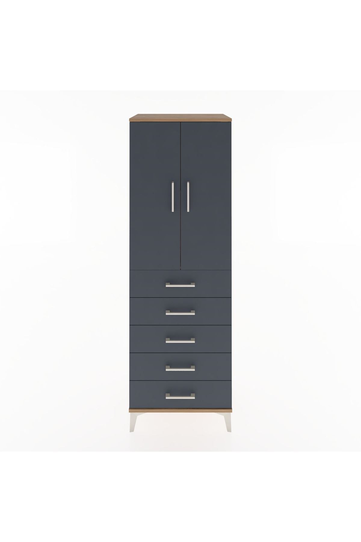 Hyperion Dolap 2 Raflı 5 Çekmeceli 2 Kapaklı 60x44x182 Çam-Antrasit