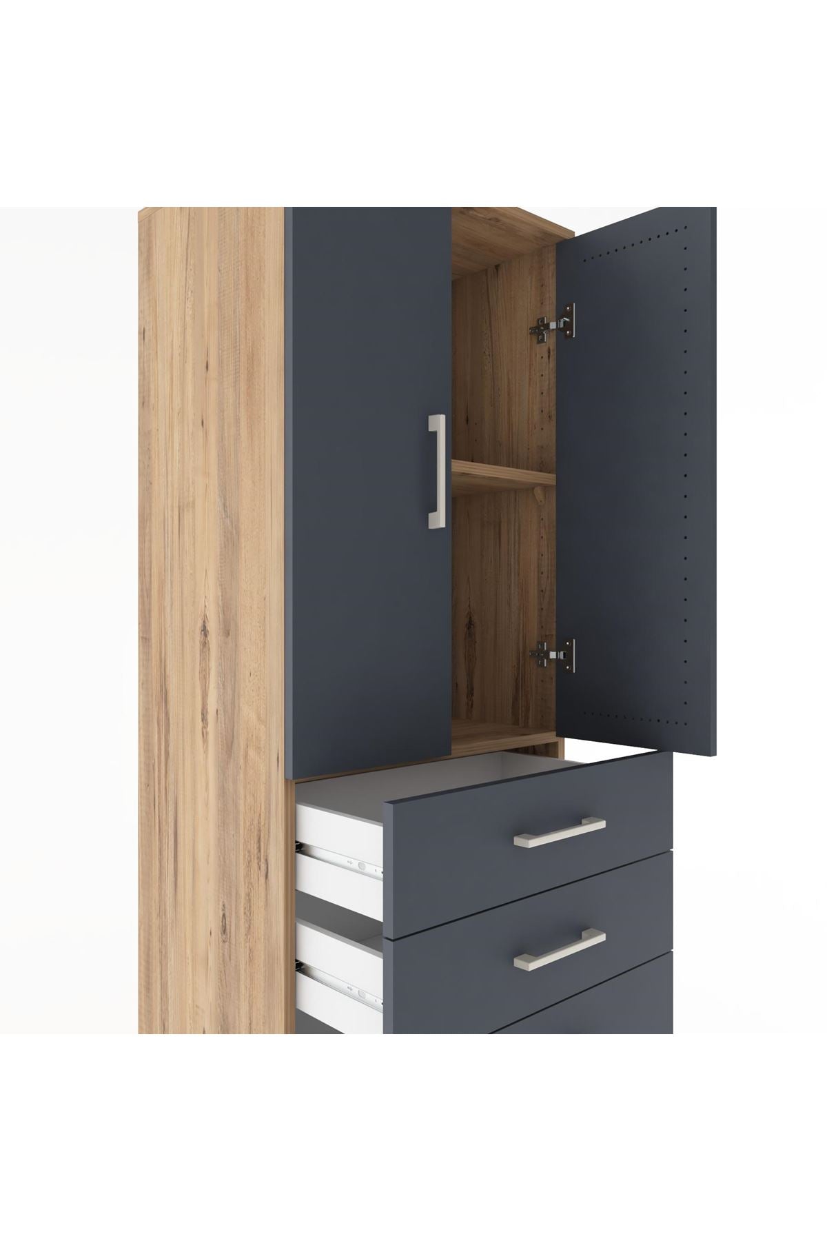 Hyperion Dolap 2 Raflı 5 Çekmeceli 2 Kapaklı 60x44x182 Çam-Antrasit