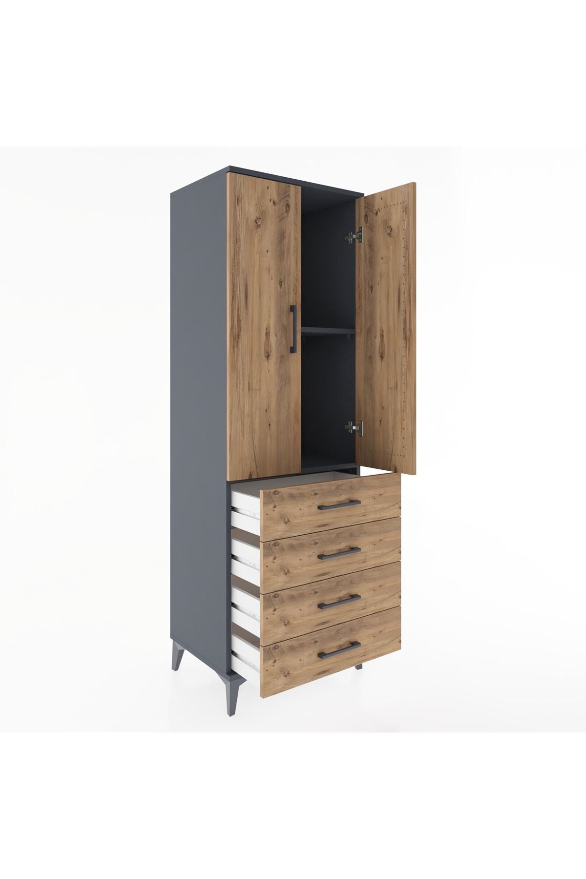 Hyperion Dolap 2 Raflı 4 Çekmeceli 2 Kapaklı 60x44x182 Antrasit-Çam
