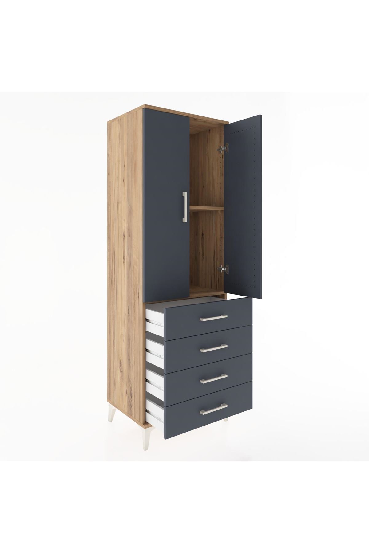 Hyperion Dolap 2 Raflı 4 Çekmeceli 2 Kapaklı 60x44x182 Çam-Antrasit