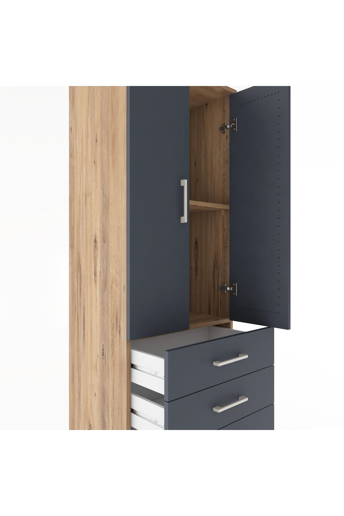 Hyperion Dolap 2 Raflı 4 Çekmeceli 2 Kapaklı 60x44x182 Çam-Antrasit