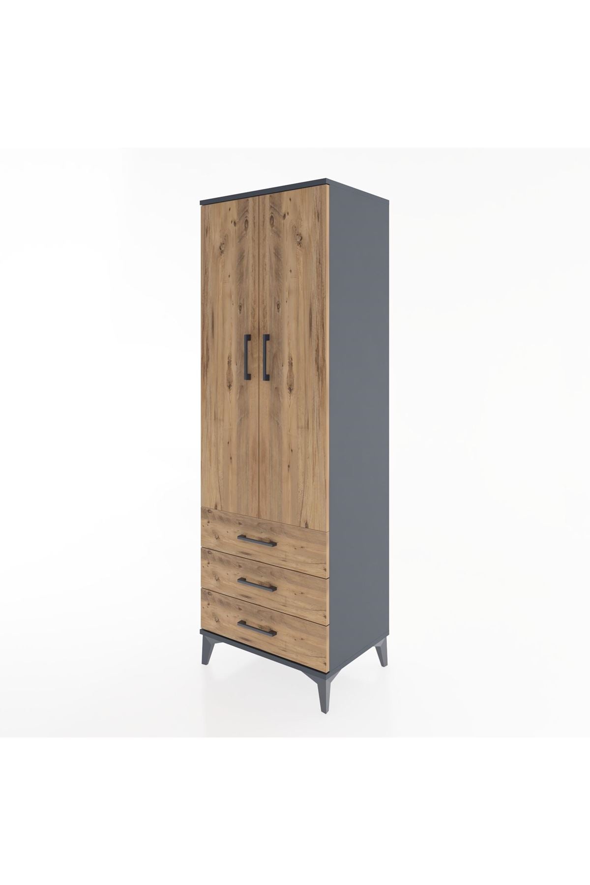 Hyperion Dolap 2 Raflı 3 Çekmeceli 2 Kapaklı 60x44x182 Antrasit-Çam