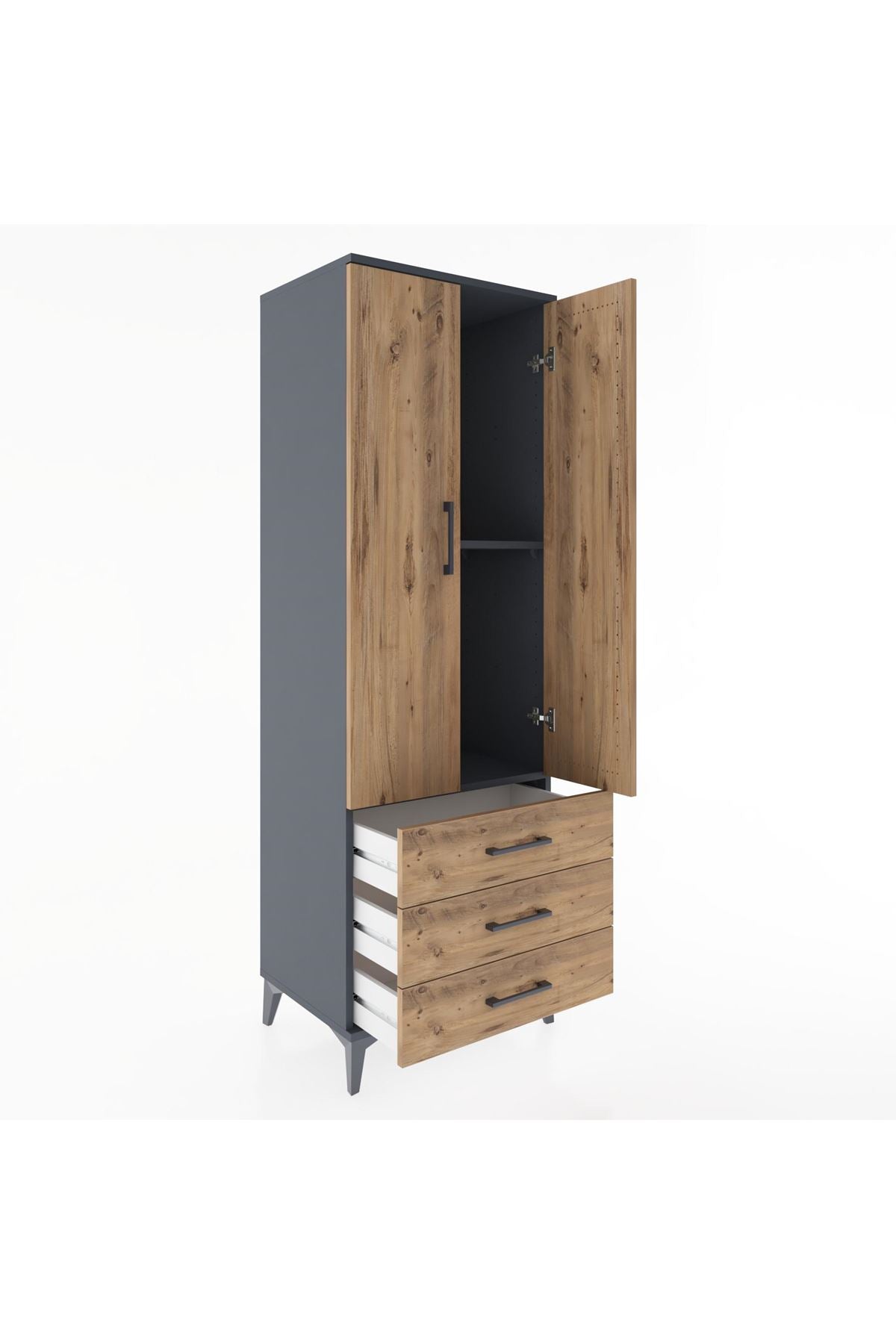 Hyperion Dolap 2 Raflı 3 Çekmeceli 2 Kapaklı 60x44x182 Antrasit-Çam