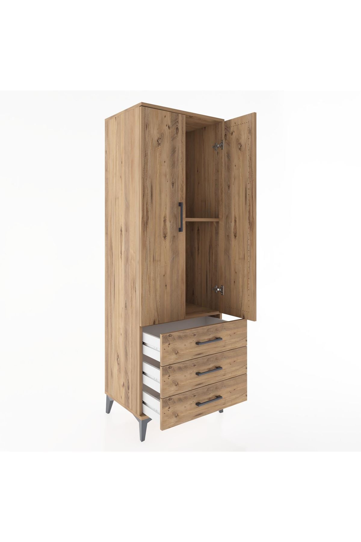 Hyperion Dolap 2 Raflı 3 Çekmeceli 2 Kapaklı 60x44x182 Çam-Çam