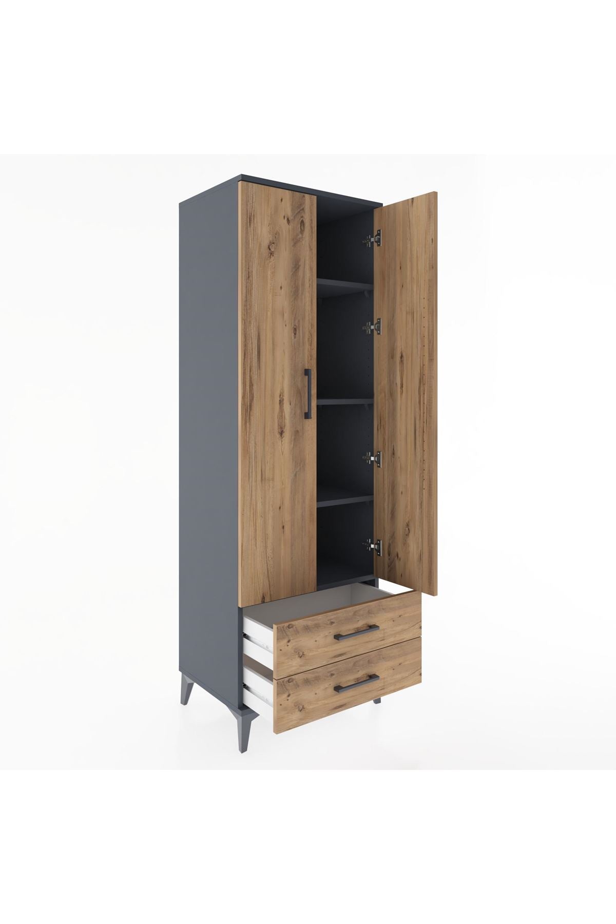 Hyperion Dolap 4 Raflı 2 Çekmeceli 2 Kapaklı 60x44x182 Antrasit-Çam
