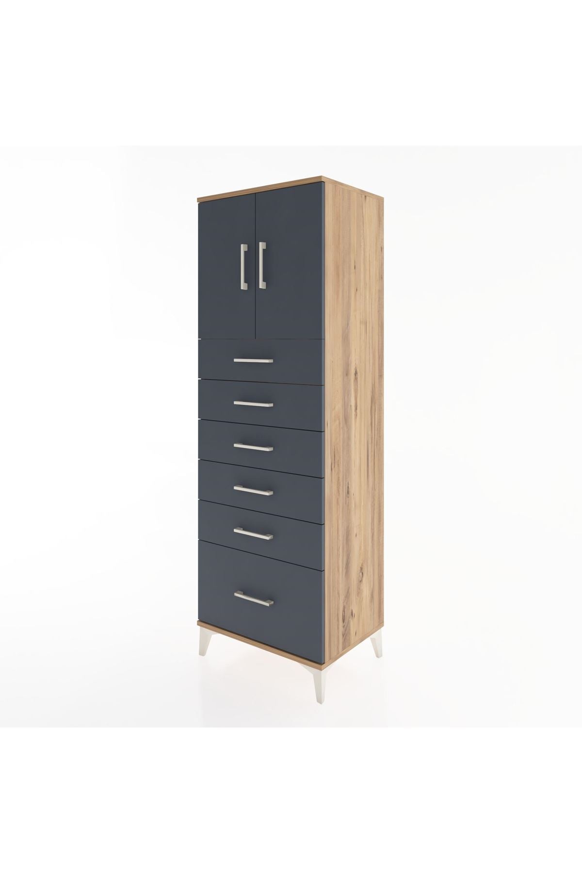 Hyperion Dolap Tek Raflı 6 Çekmeceli 2 Kapaklı 60x44x182 Çam-Antrasit