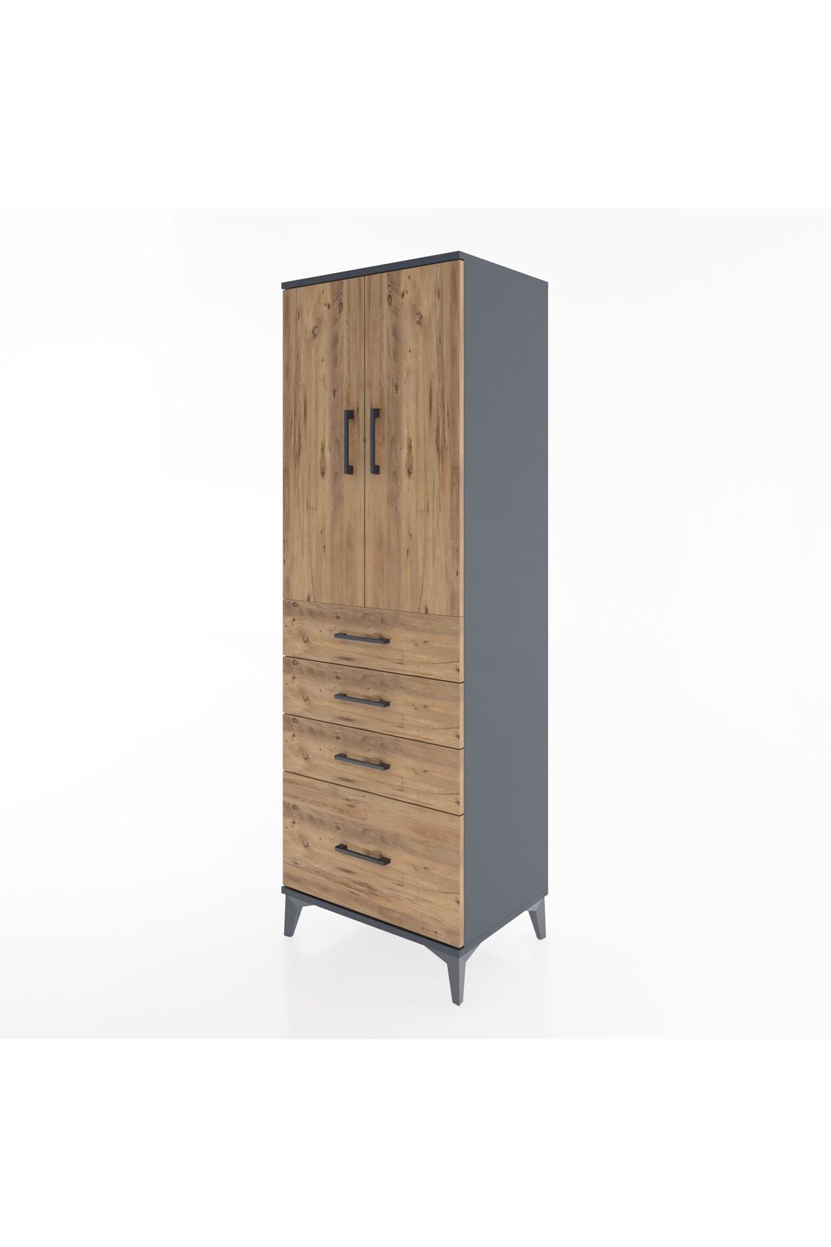 Hyperion Dolap 2 Raflı 4 Çekmeceli 2 Kapaklı 60x44x182 Antrasit-Çam