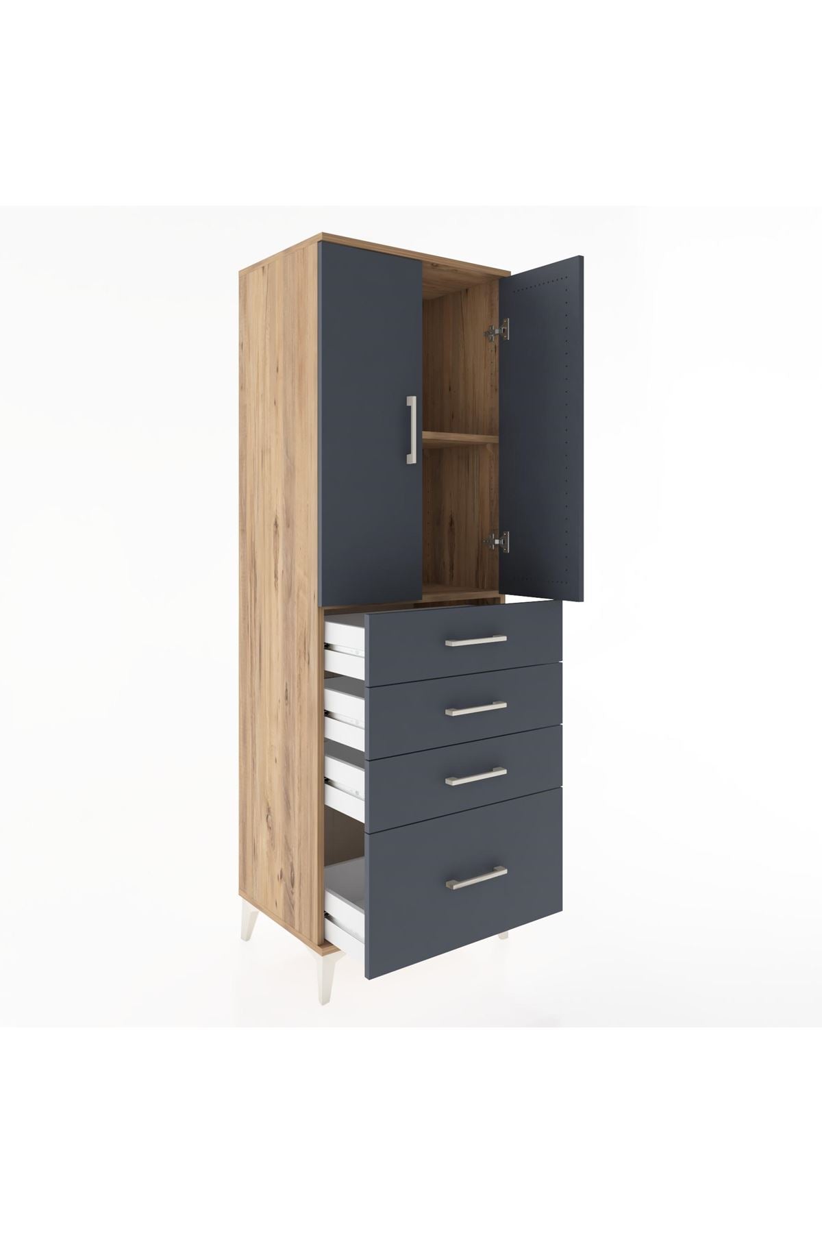 Hyperion Dolap 2 Raflı 4 Çekmeceli 2 Kapaklı 60x44x182 Çam-Antrasit