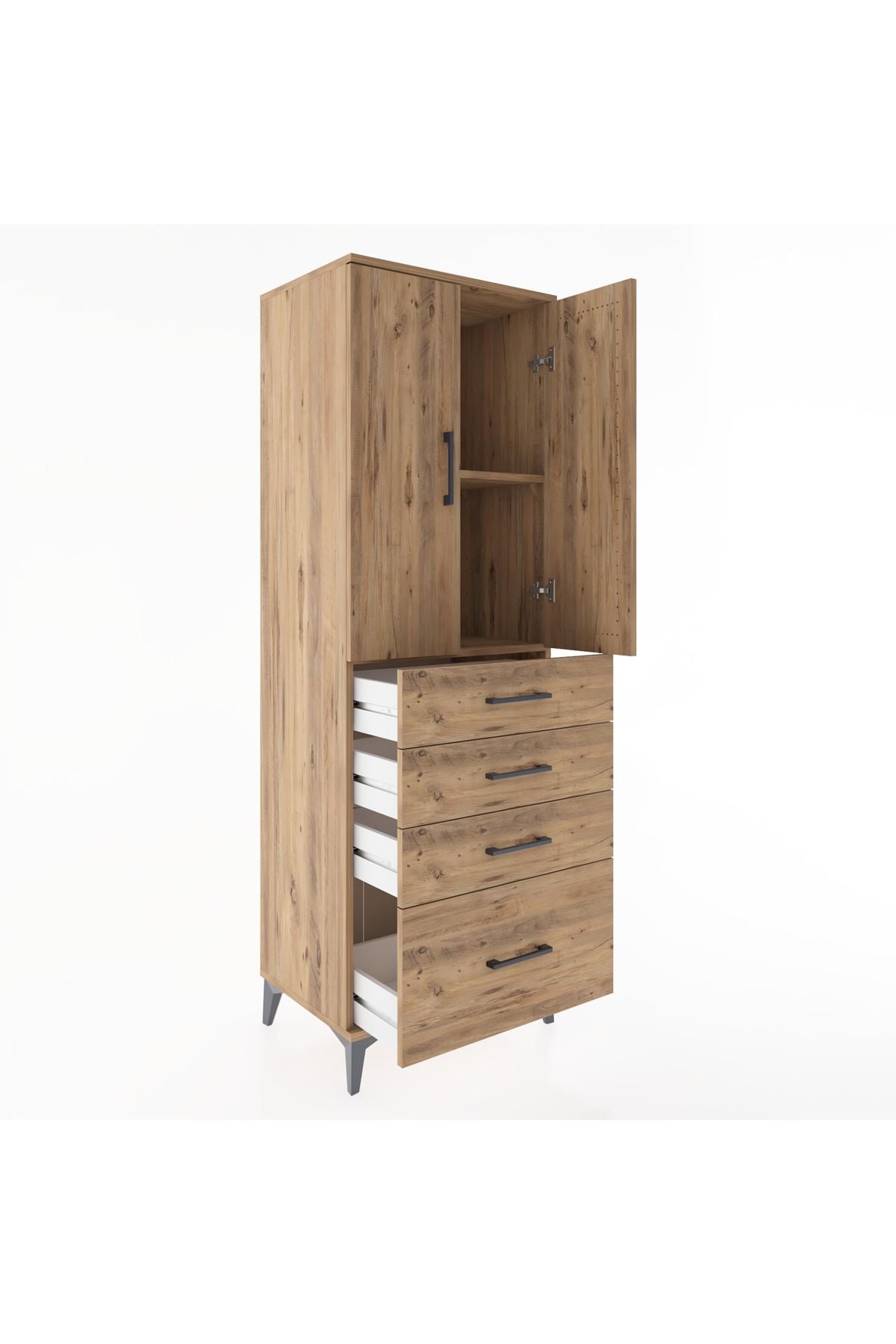 Hyperion Dolap 2 Raflı 4 Çekmeceli 2 Kapaklı 60x44x182 Çam-Çam