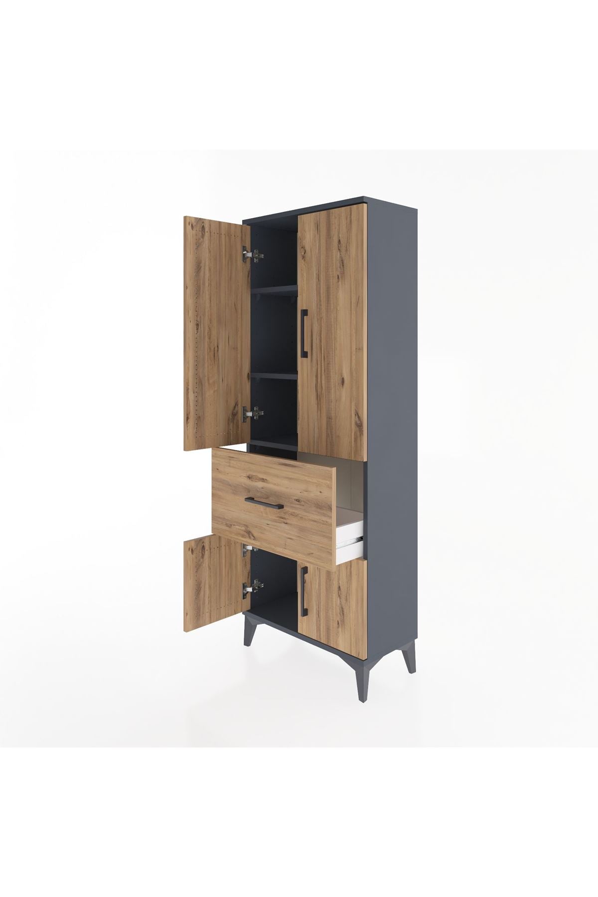 Arges Dolap 3 Raflı Tek Çekmeceli 4 Kapaklı 60x30x163 Antrasit-Çam