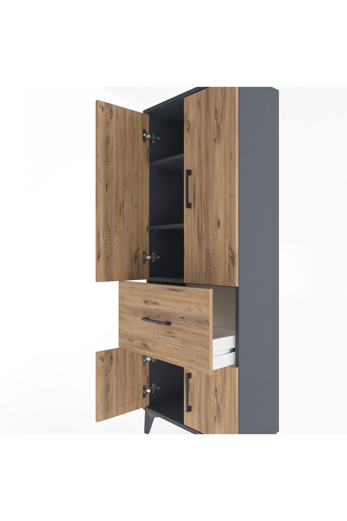 Arges Dolap 3 Raflı Tek Çekmeceli 4 Kapaklı 60x30x163 Antrasit-Çam