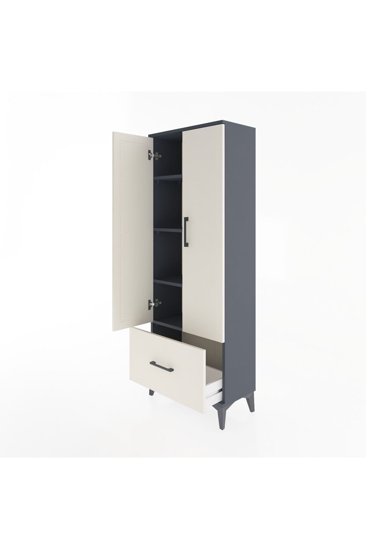 Arges Dolap 4 Raflı Tek Çekmeceli 2 Kapaklı 60x30x163 Antrasit-Aytaşı