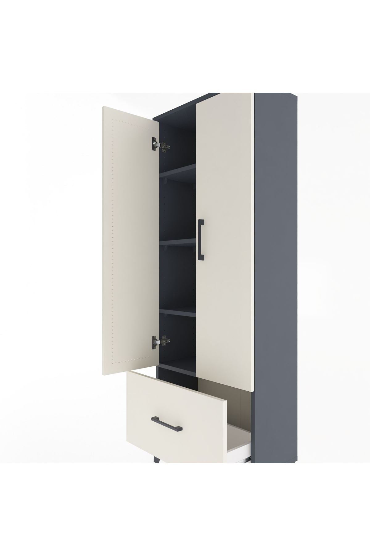 Arges Dolap 4 Raflı Tek Çekmeceli 2 Kapaklı 60x30x163 Antrasit-Aytaşı