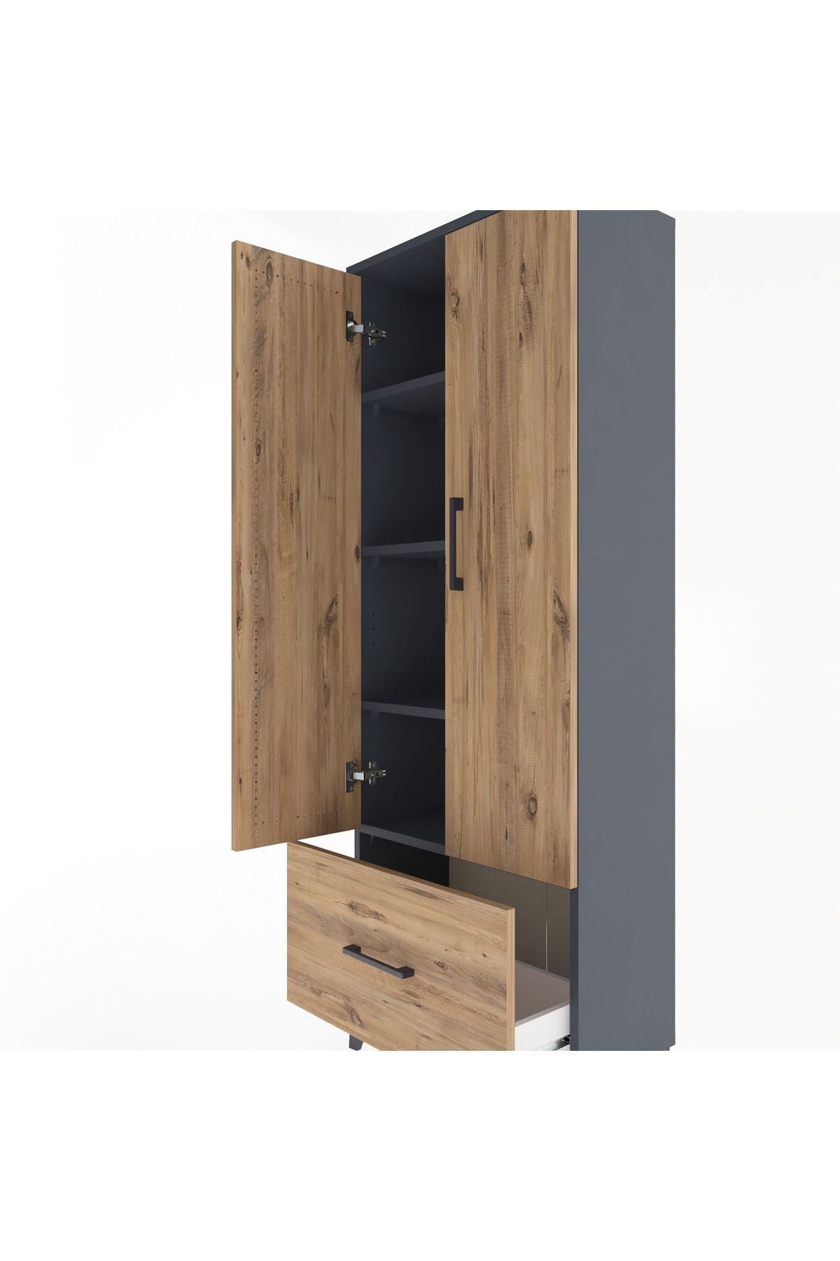 Arges Dolap 4 Raflı Tek Çekmeceli 2 Kapaklı 60x30x163 Antrasit-Çam