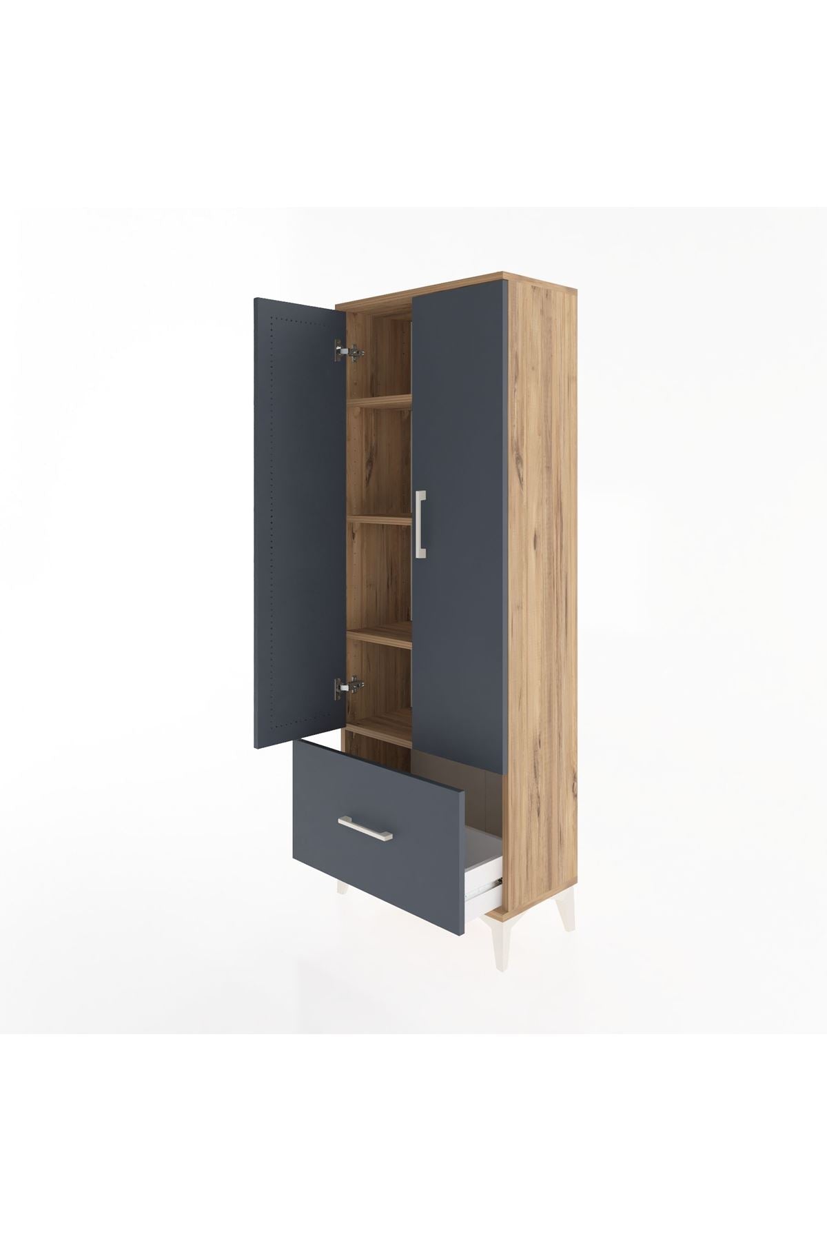 Arges Dolap 4 Raflı Tek Çekmeceli 2 Kapaklı 60x30x163 Çam-Antrasit