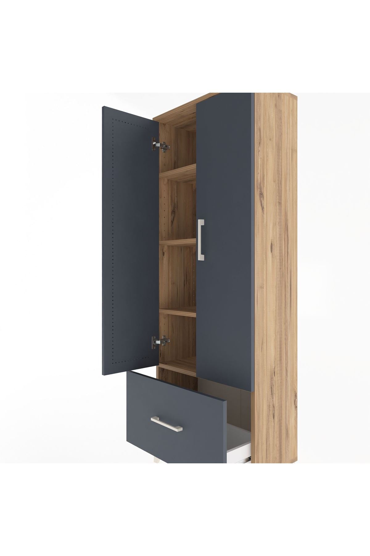 Arges Dolap 4 Raflı Tek Çekmeceli 2 Kapaklı 60x30x163 Çam-Antrasit