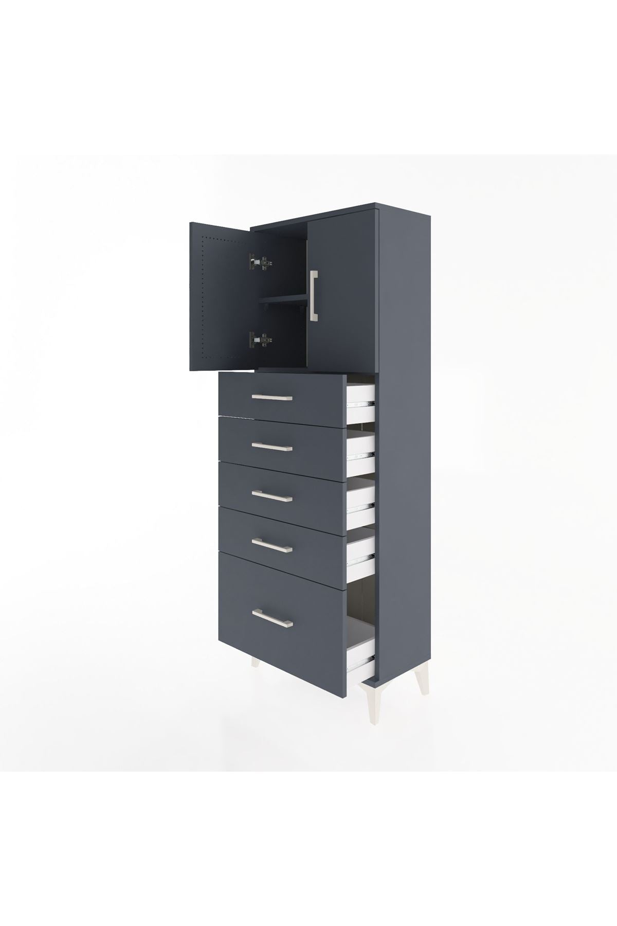 Arges Dolap 2 Raflı 5 Çekmeceli 2 Kapaklı 60x30x163 Antrasit-Antrasit