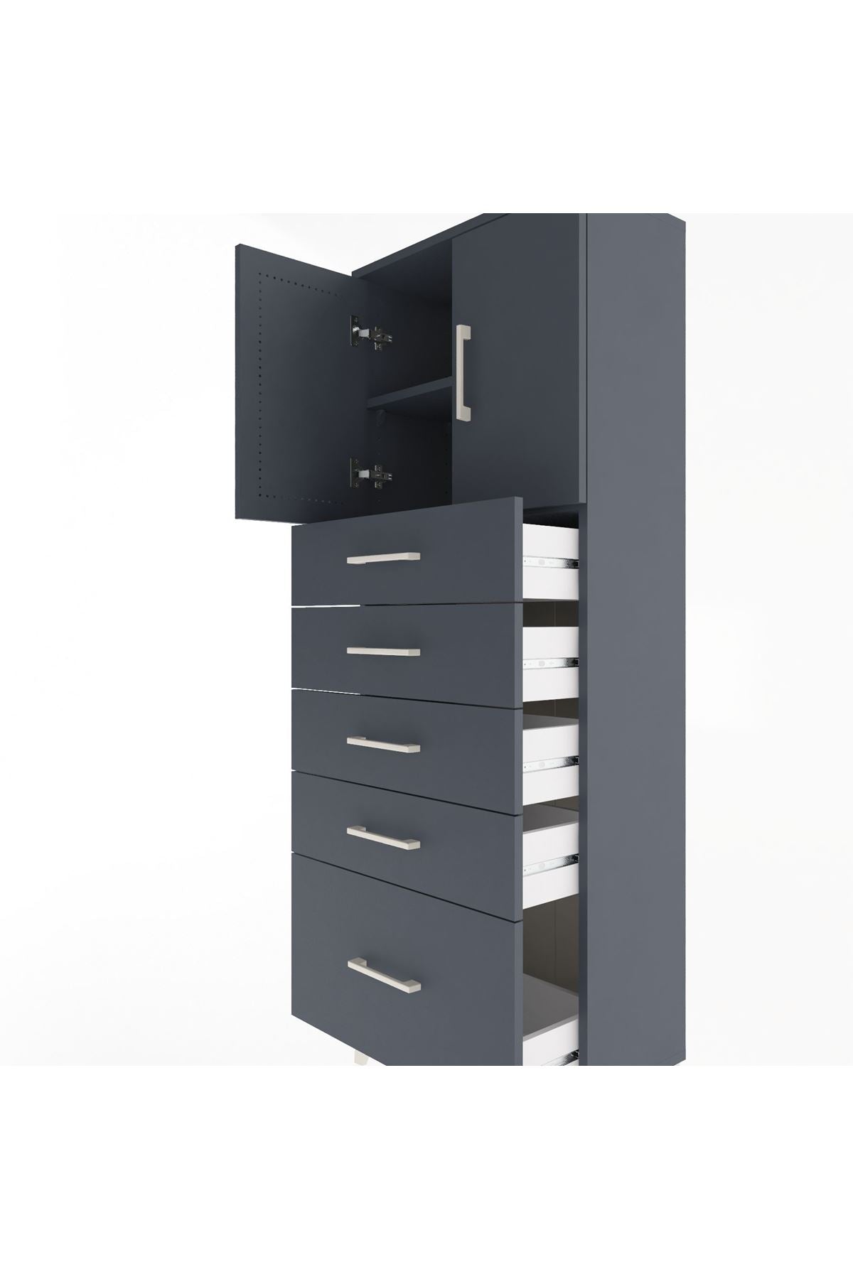 Arges Dolap 2 Raflı 5 Çekmeceli 2 Kapaklı 60x30x163 Antrasit-Antrasit