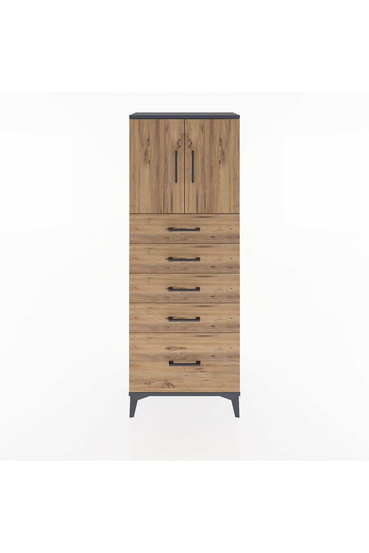 Arges Dolap 2 Raflı 5 Çekmeceli 2 Kapaklı 60x30x163 Antrasit-Çam