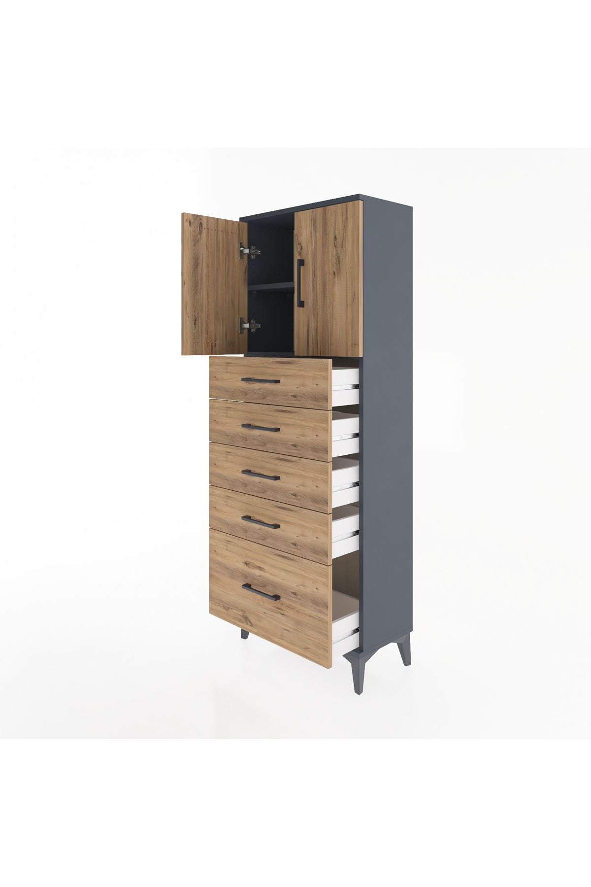 Arges Dolap 2 Raflı 5 Çekmeceli 2 Kapaklı 60x30x163 Antrasit-Çam
