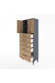 Arges Dolap 2 Raflı 5 Çekmeceli 2 Kapaklı 60x30x163 Antrasit-Çam