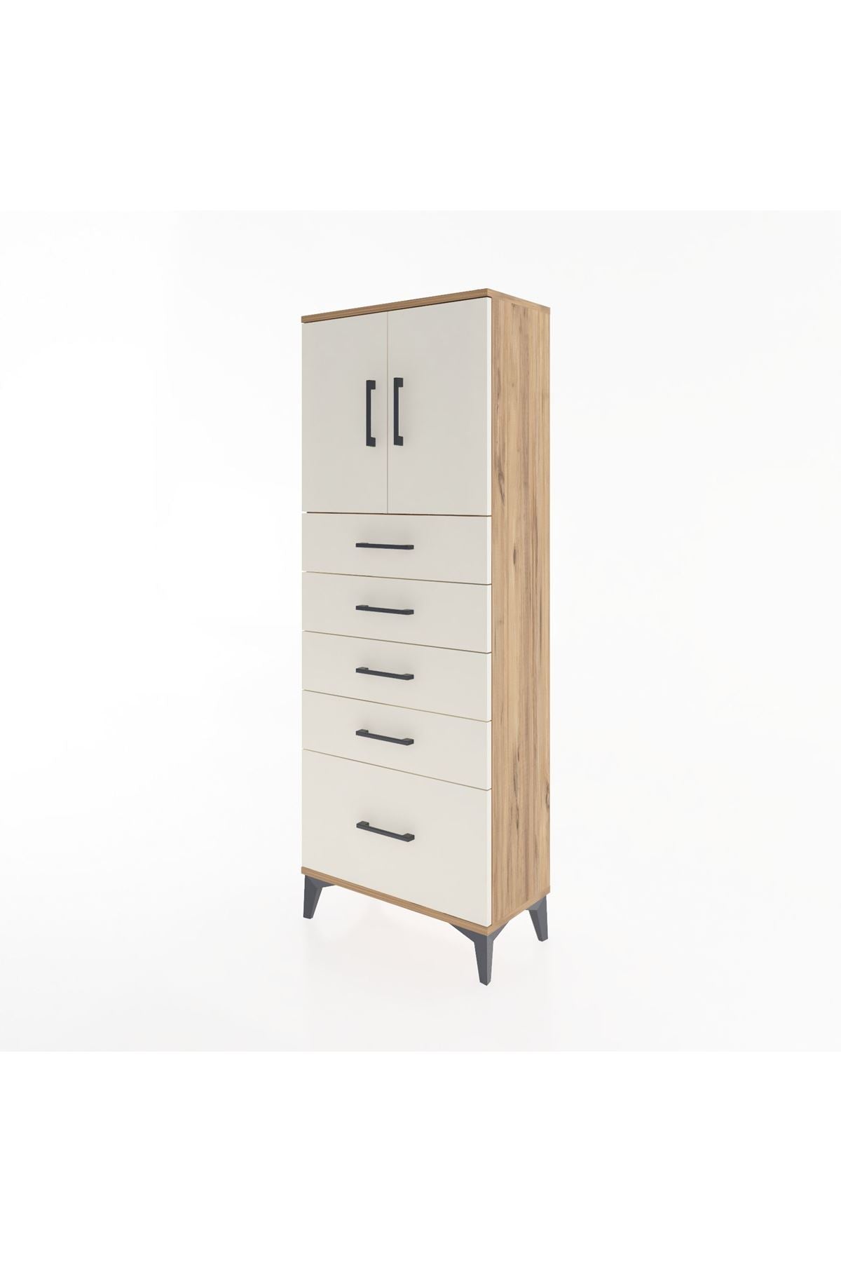 Arges Dolap 2 Raflı 5 Çekmeceli 2 Kapaklı 60x30x163 Çam-Aytaşı