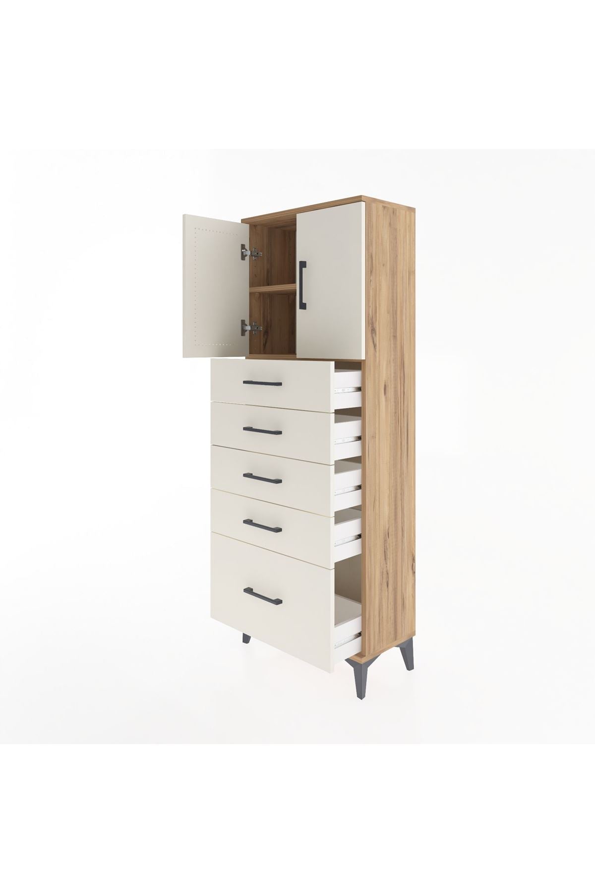 Arges Dolap 2 Raflı 5 Çekmeceli 2 Kapaklı 60x30x163 Çam-Aytaşı