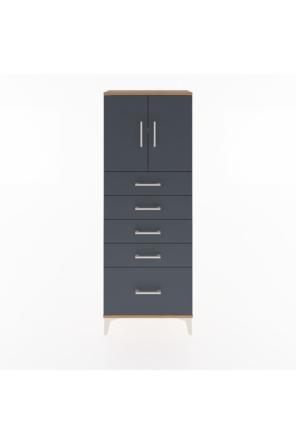 Arges Dolap 2 Raflı 5 Çekmeceli 2 Kapaklı 60x30x163 Çam-Antrasit