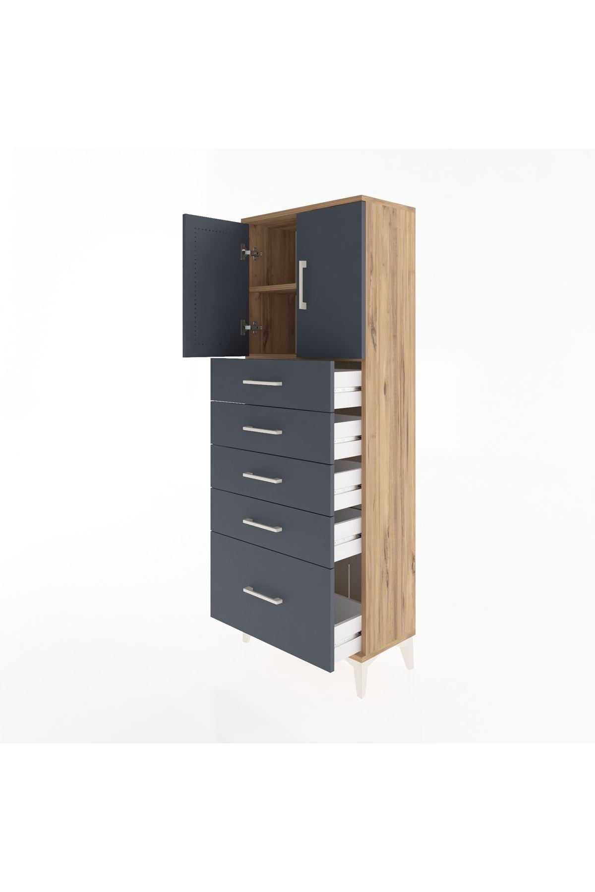 Arges Dolap 2 Raflı 5 Çekmeceli 2 Kapaklı 60x30x163 Çam-Antrasit