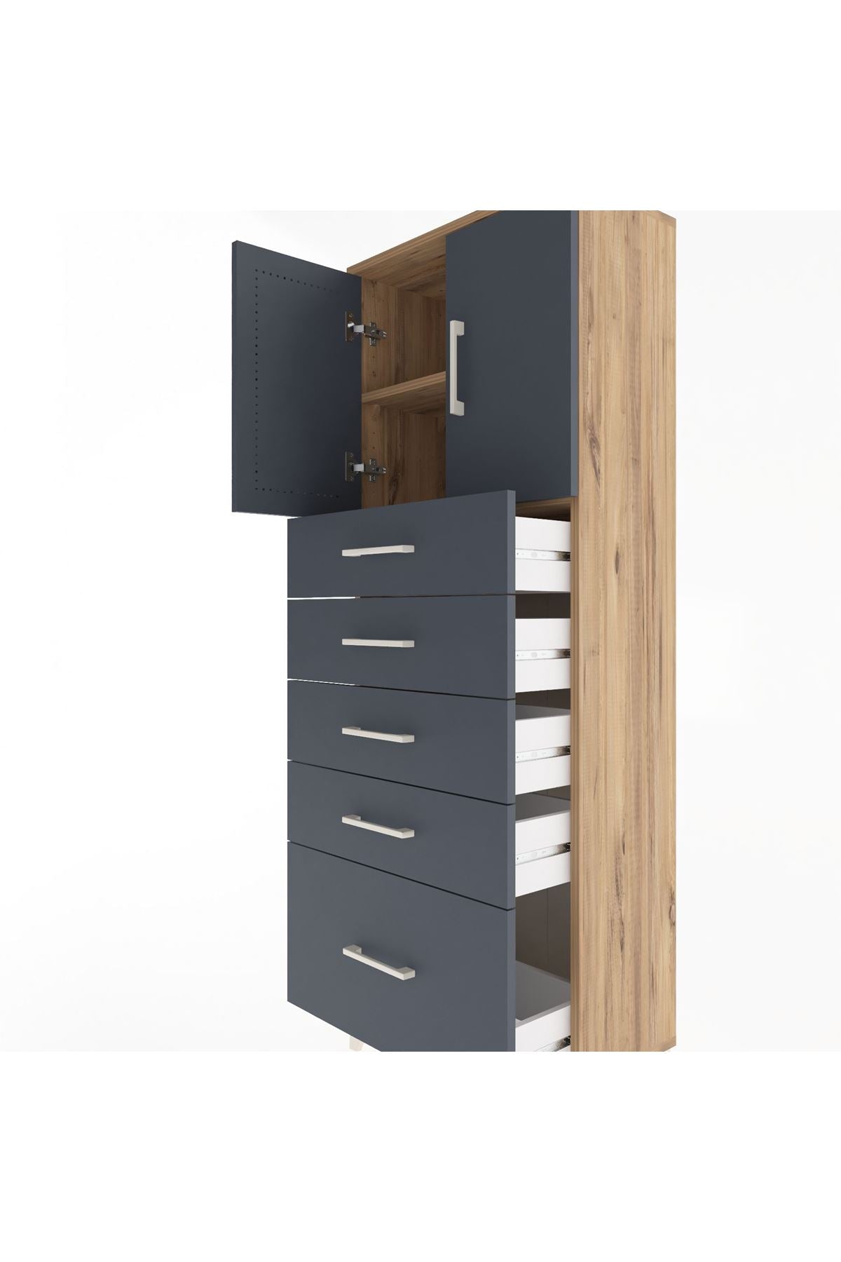 Arges Dolap 2 Raflı 5 Çekmeceli 2 Kapaklı 60x30x163 Çam-Antrasit