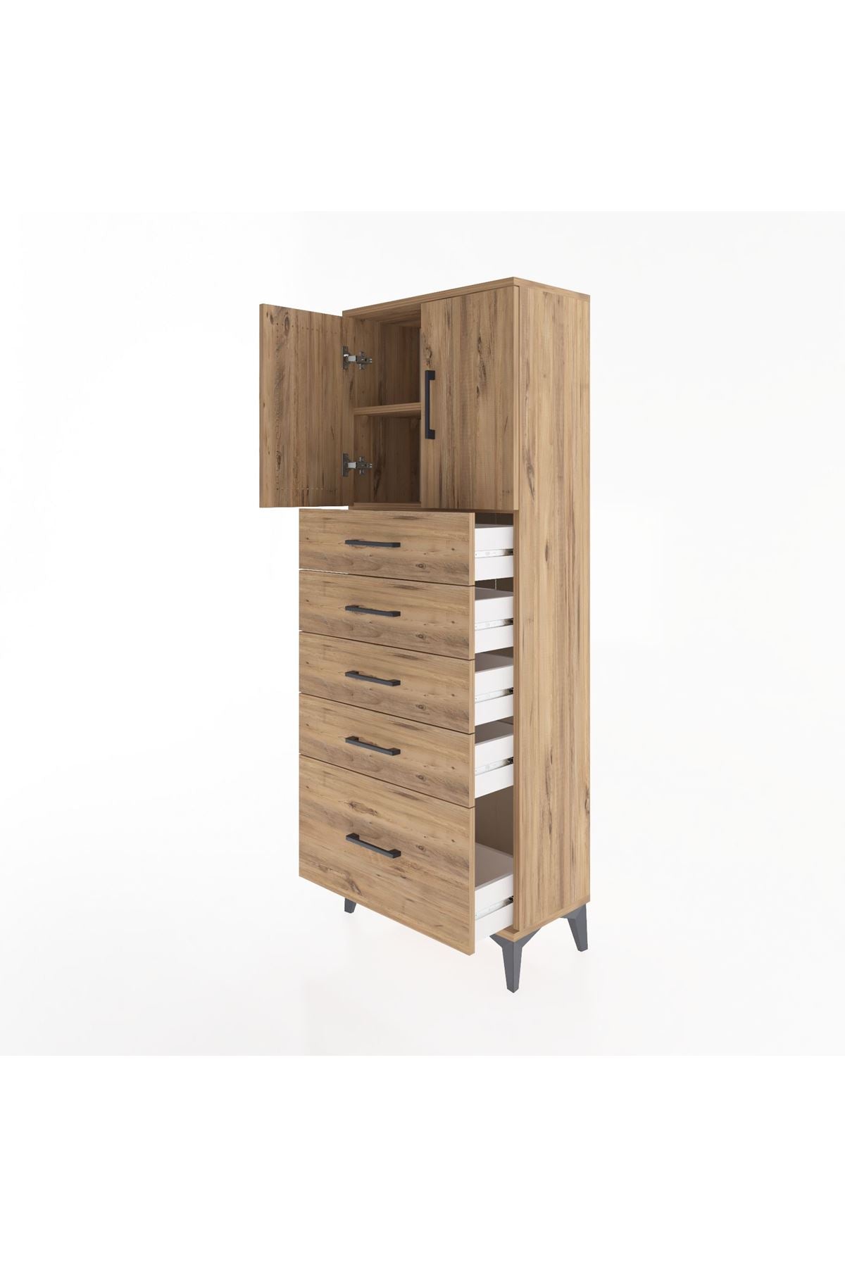 Arges Dolap 2 Raflı 5 Çekmeceli 2 Kapaklı 60x30x163 Çam-Çam