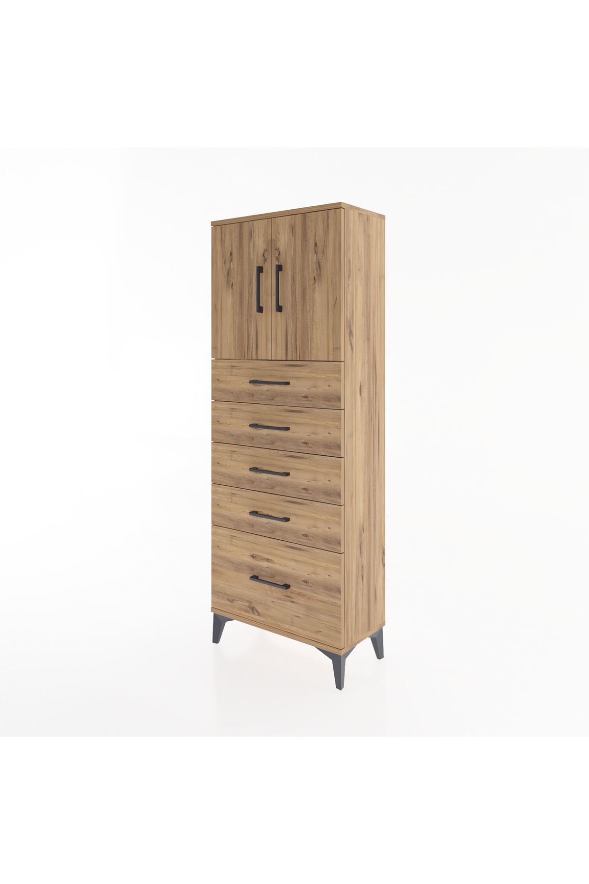 Arges Dolap 2 Raflı 5 Çekmeceli 2 Kapaklı 60x30x163 Çam-Çam