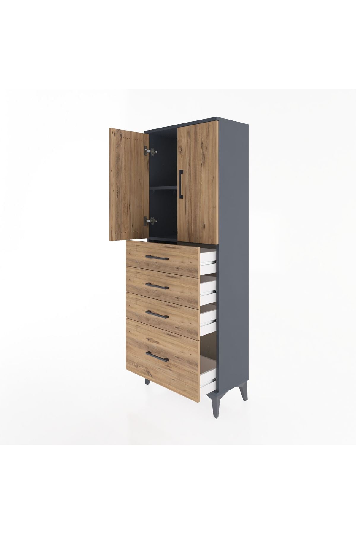 Arges Dolap 2 Raflı 4 Çekmeceli 2 Kapaklı 60x30x163 Antrasit-Çam