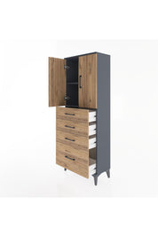 Arges Dolap 2 Raflı 4 Çekmeceli 2 Kapaklı 60x30x163 Antrasit-Çam