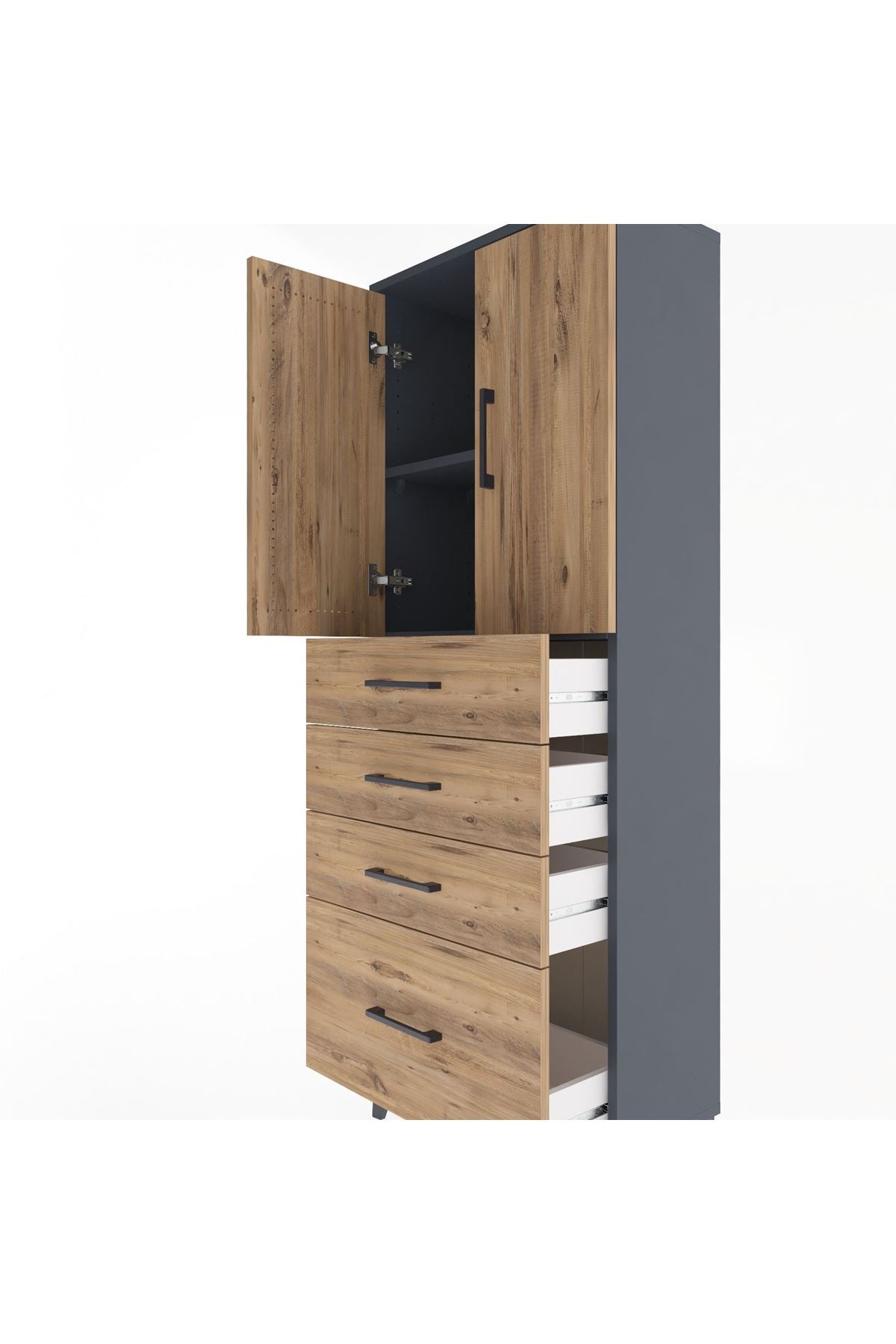 Arges Dolap 2 Raflı 4 Çekmeceli 2 Kapaklı 60x30x163 Antrasit-Çam